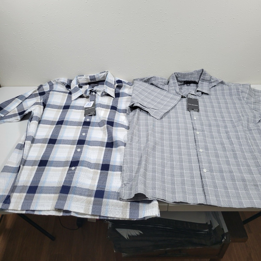 NWT Van Heusen Men's Short Sleeve Shirts Wicking Classic Fit Size L Plaid Bundle